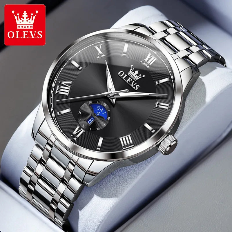 Men’s Stainless Steel Moon Phase Watch – Classic Dial, Waterproof, Luminous