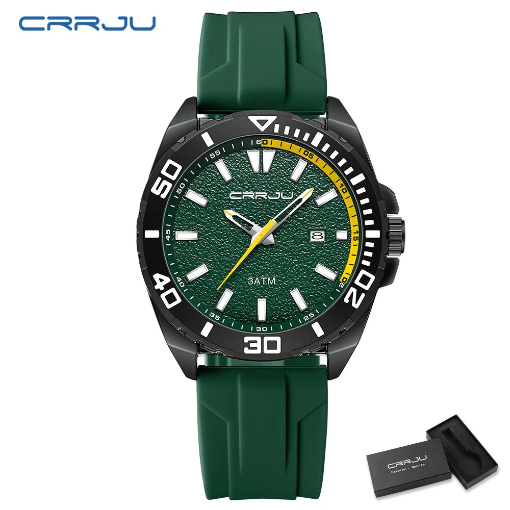 CRRJU Jam Tangan Lelaki Luminous Waterproof Watch Original Men Sports Watches Silicone Calendar Quartz Wristwatch