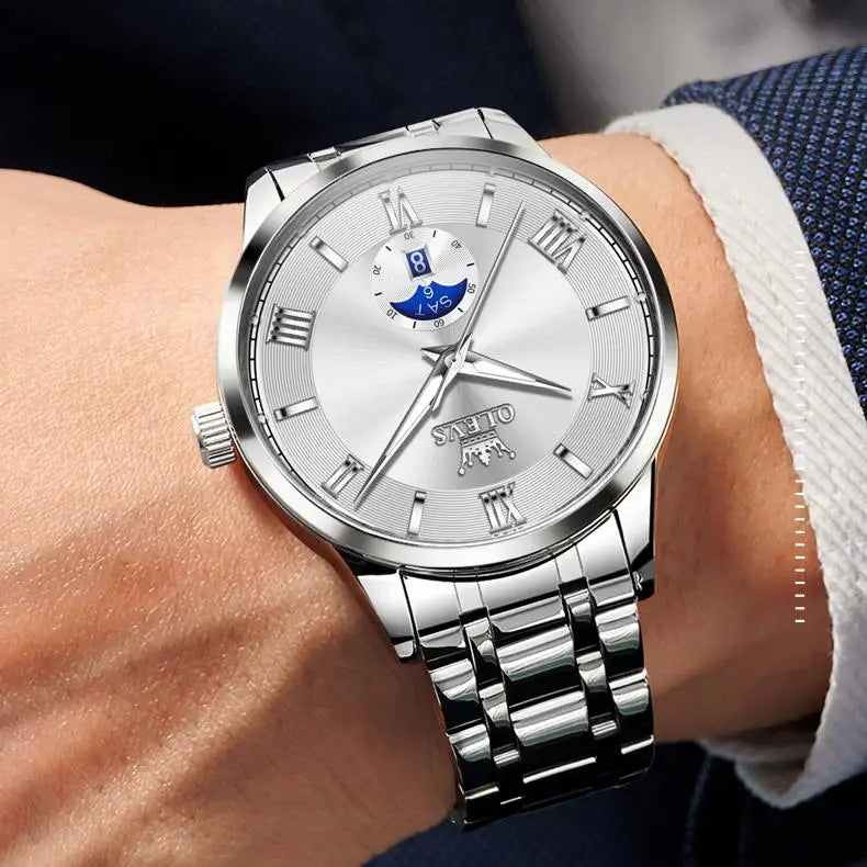 Men’s Stainless Steel Moon Phase Watch – Classic Dial, Waterproof, Luminous