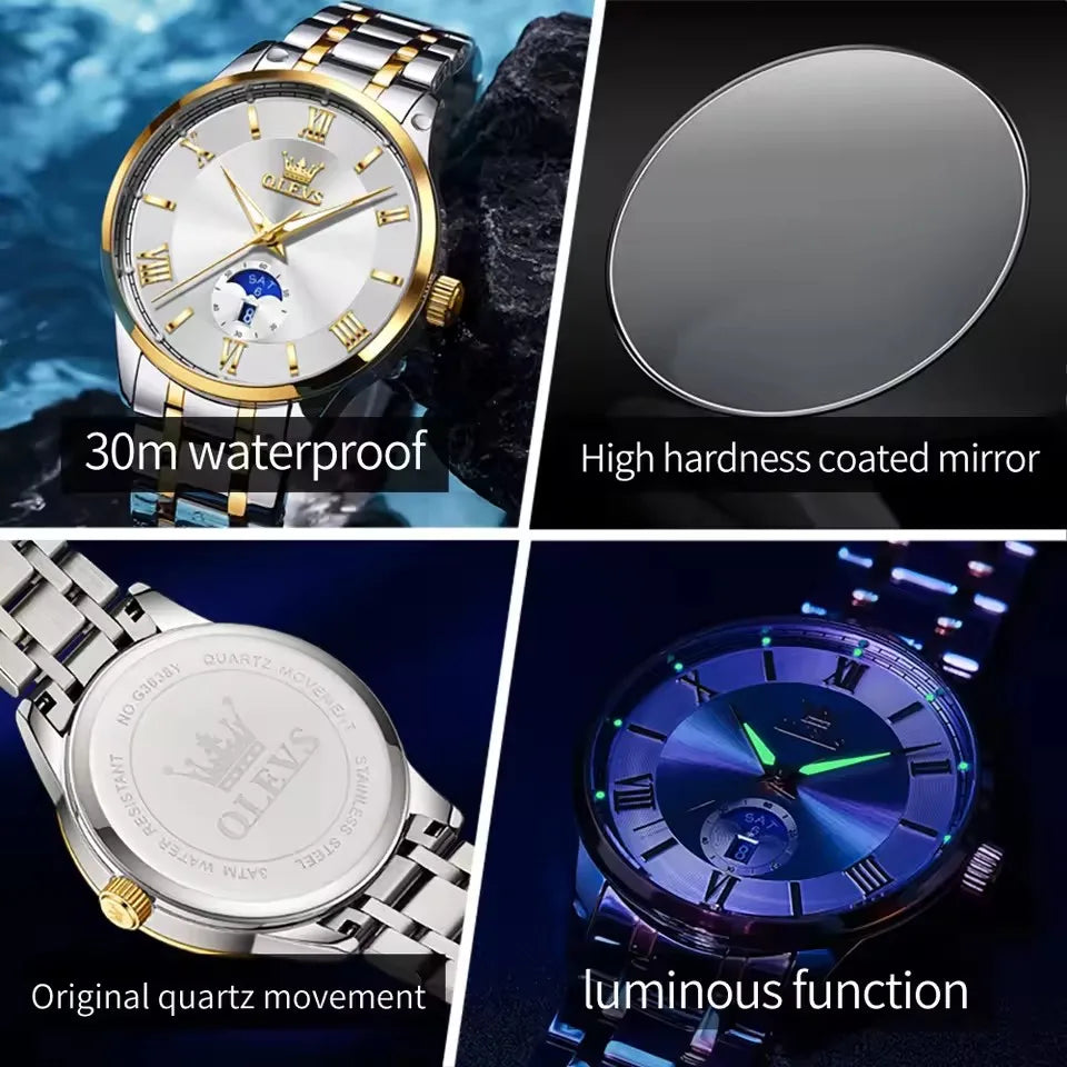 Men’s Stainless Steel Moon Phase Watch – Classic Dial, Waterproof, Luminous