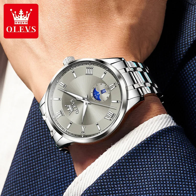 Men’s Stainless Steel Moon Phase Watch – Classic Dial, Waterproof, Luminous