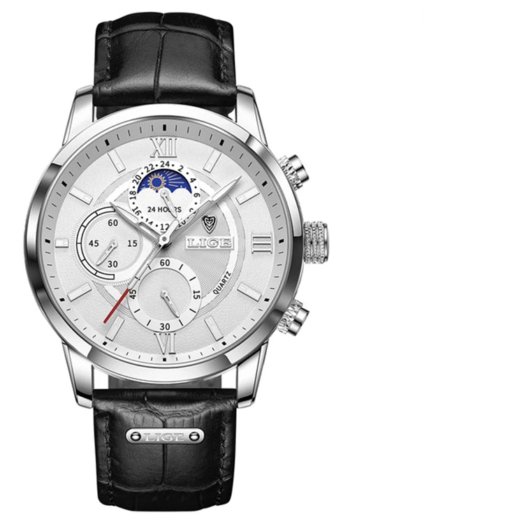 2021 LIGE Watches Mens Top Brand Luxury Clock Casual Leather 24Hour Moon Phase Men Watch Sport Waterproof Quartz Chronograph