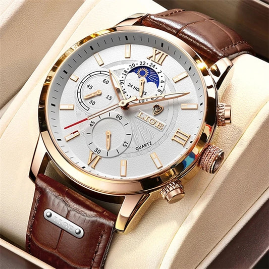 2021 LIGE Watches Mens Top Brand Luxury Clock Casual Leather 24Hour Moon Phase Men Watch Sport Waterproof Quartz Chronograph