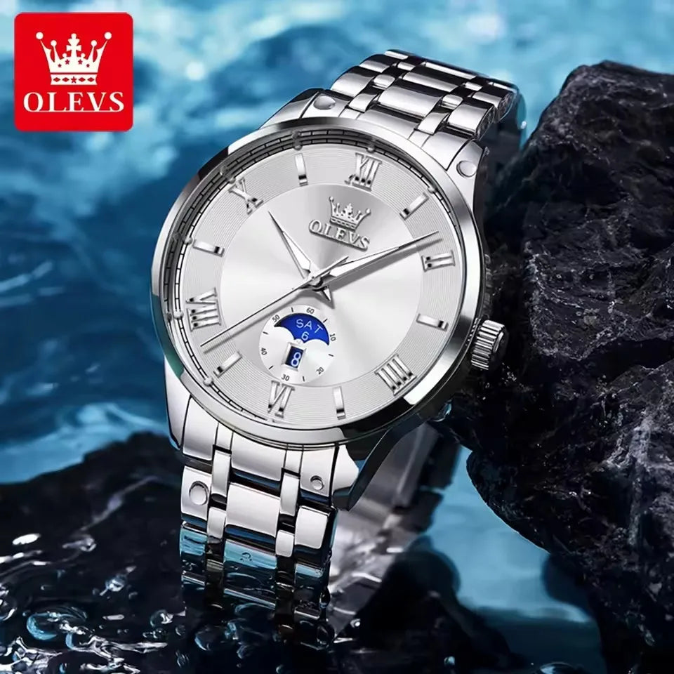 Men’s Stainless Steel Moon Phase Watch – Classic Dial, Waterproof, Luminous