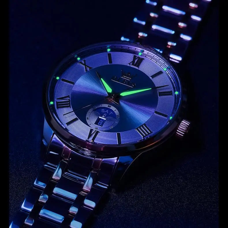 Men’s Stainless Steel Moon Phase Watch – Classic Dial, Waterproof, Luminous