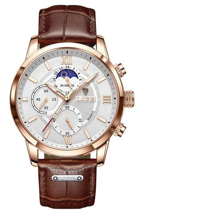 2021 LIGE Watches Mens Top Brand Luxury Clock Casual Leather 24Hour Moon Phase Men Watch Sport Waterproof Quartz Chronograph