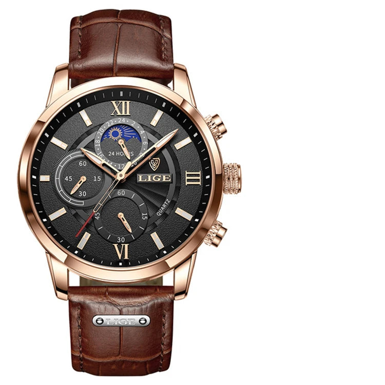 2021 LIGE Watches Mens Top Brand Luxury Clock Casual Leather 24Hour Moon Phase Men Watch Sport Waterproof Quartz Chronograph