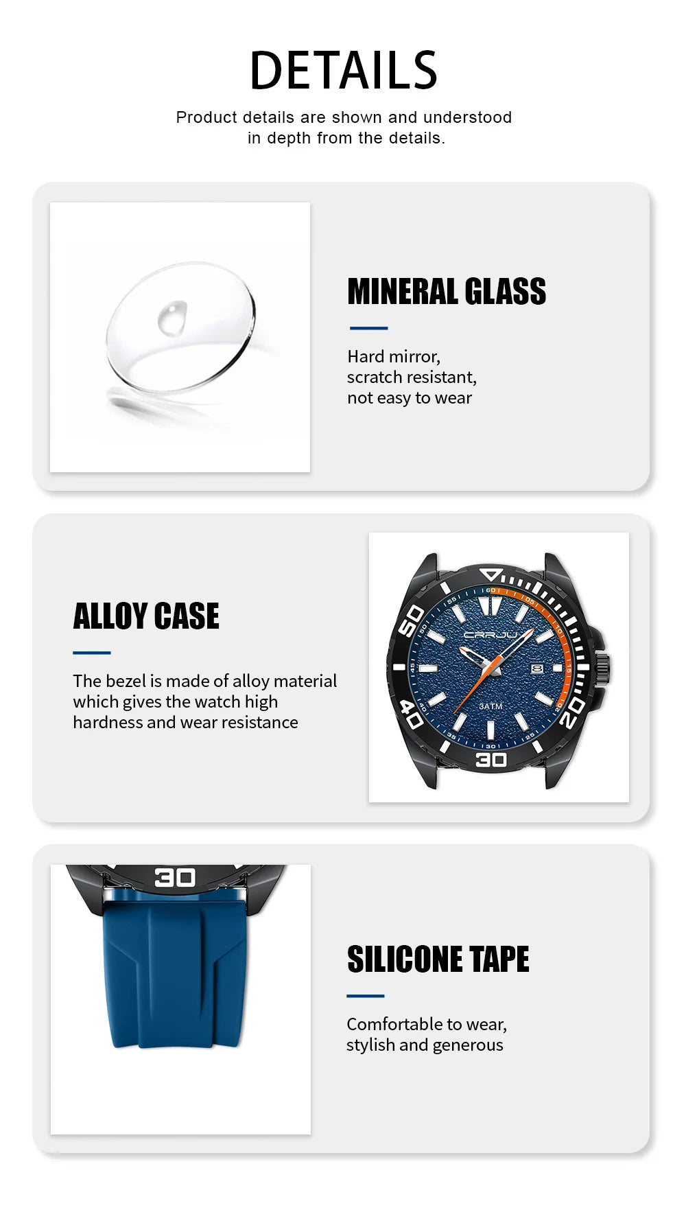 CRRJU Jam Tangan Lelaki Luminous Waterproof Watch Original Men Sports Watches Silicone Calendar Quartz Wristwatch