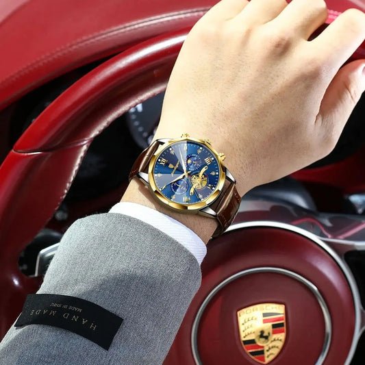 POEDAGAR Men’s Military Quartz Chronograph Watch with Leather Strap