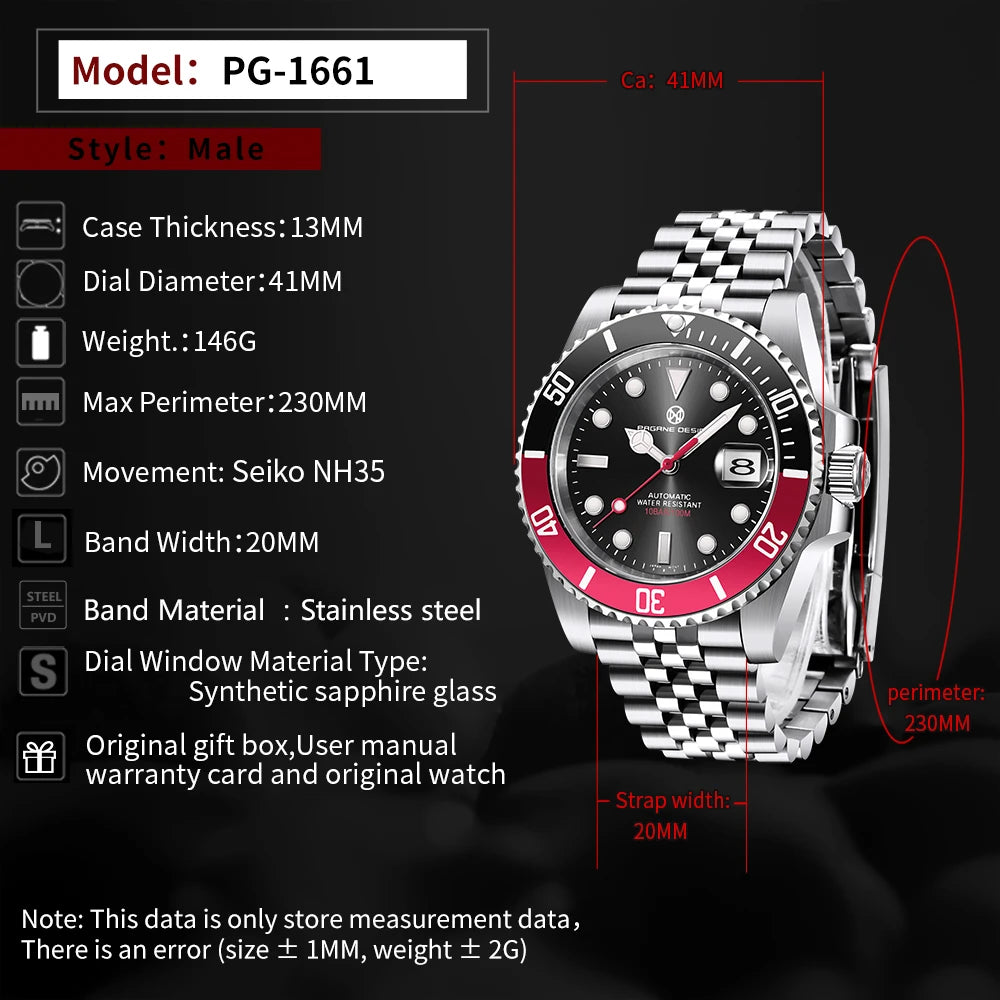 2024 New (PAGRNE) PAGANI Design Automatic Mechanical Watch Luxury Sports Stainless Steel Waterproof Watch NH35 Sapphire Clock