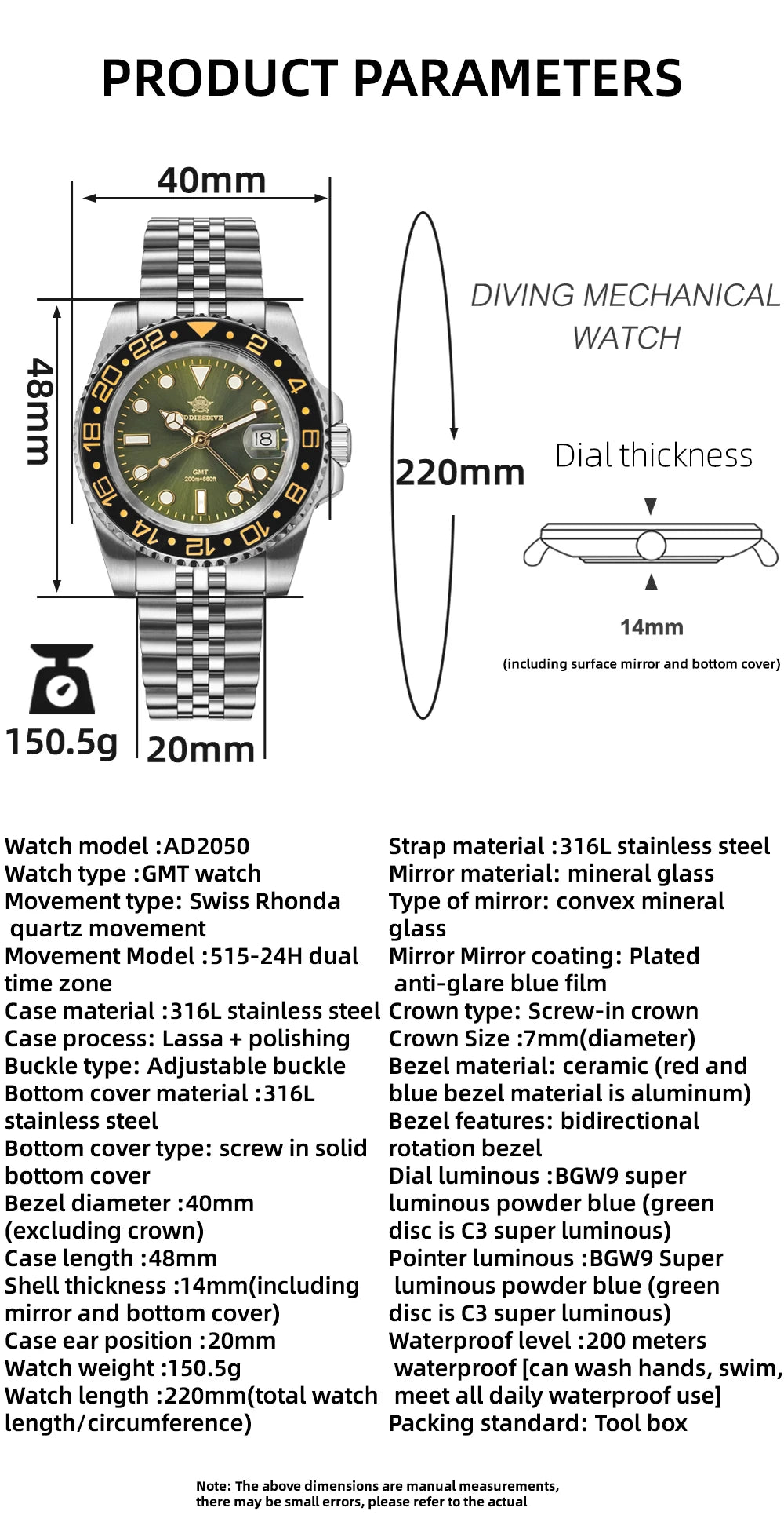ADDIESDIVE 2024 Top Luxury Men GMT Quartz Wrist Watches Men's Business Sports Luminous 20Bar Waterproof Watch Gift Reloj Hombre