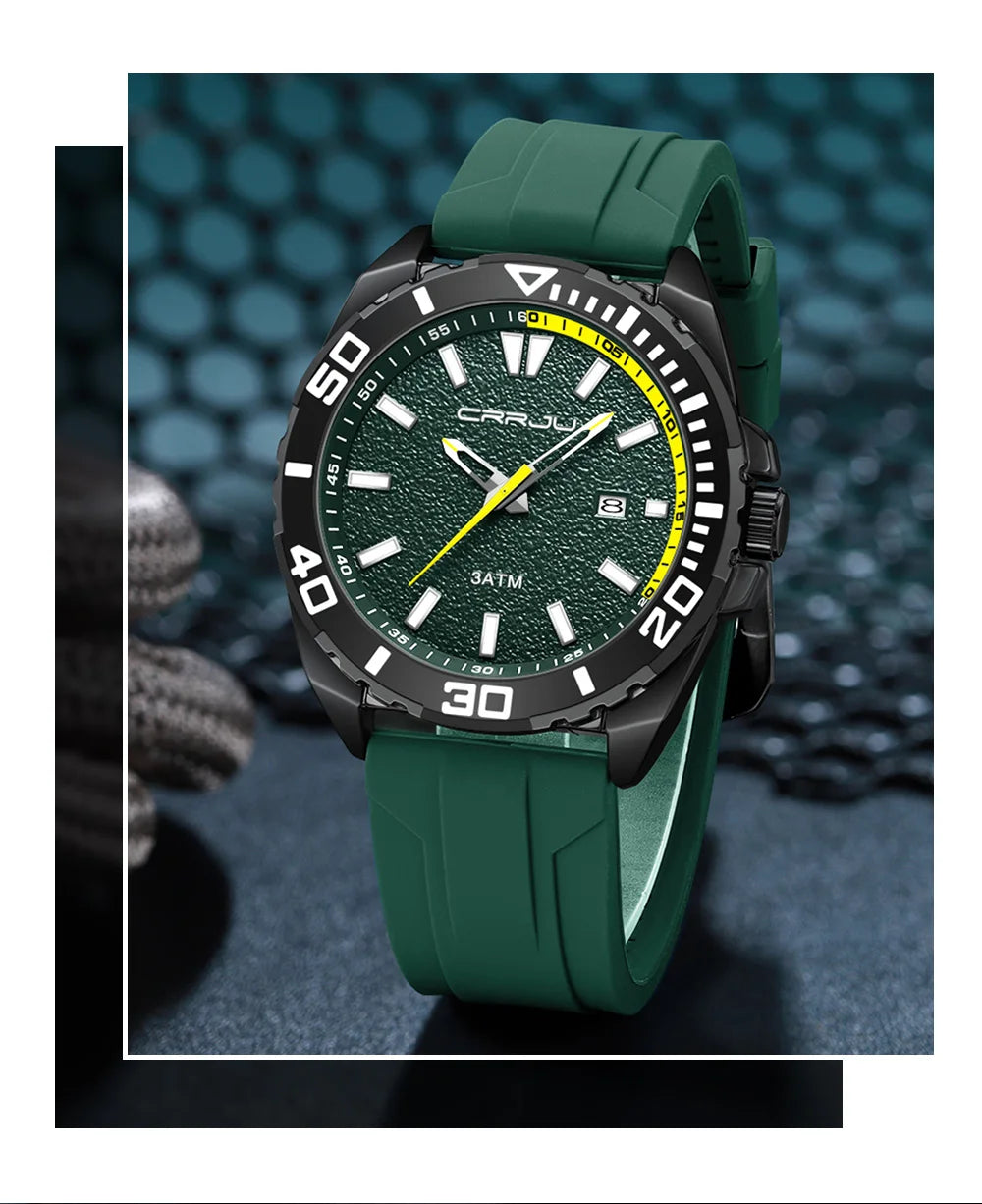 CRRJU Jam Tangan Lelaki Luminous Waterproof Watch Original Men Sports Watches Silicone Calendar Quartz Wristwatch