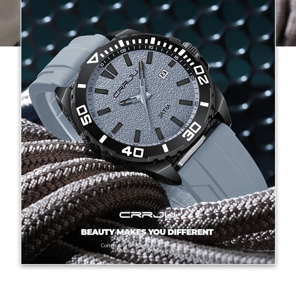 CRRJU Jam Tangan Lelaki Luminous Waterproof Watch Original Men Sports Watches Silicone Calendar Quartz Wristwatch