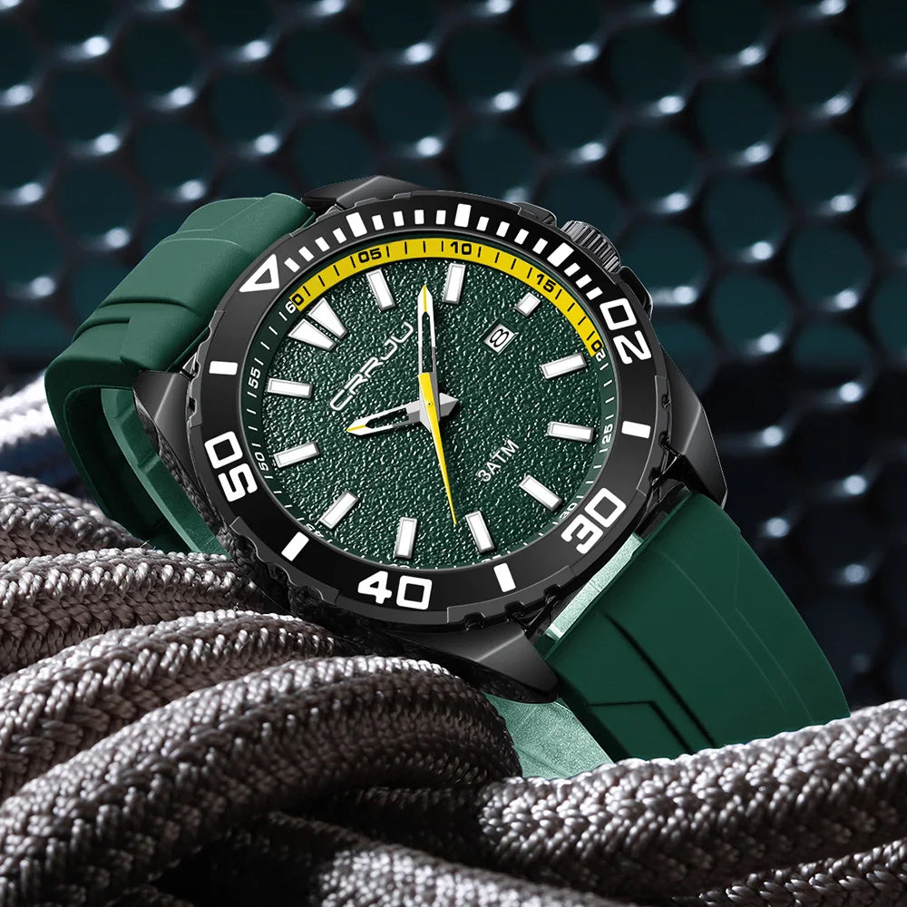 CRRJU Jam Tangan Lelaki Luminous Waterproof Watch Original Men Sports Watches Silicone Calendar Quartz Wristwatch