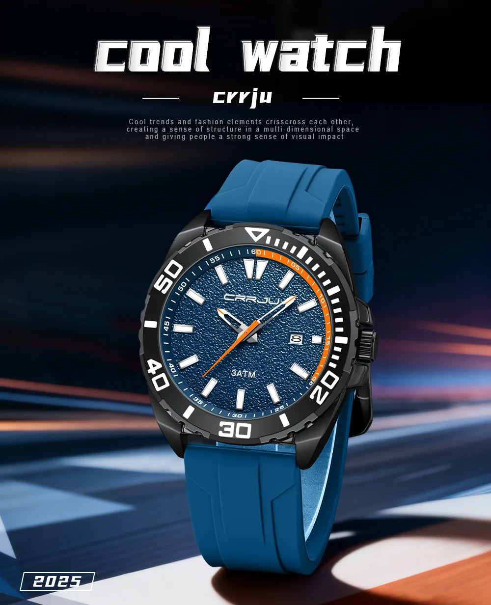 CRRJU Jam Tangan Lelaki Luminous Waterproof Watch Original Men Sports Watches Silicone Calendar Quartz Wristwatch
