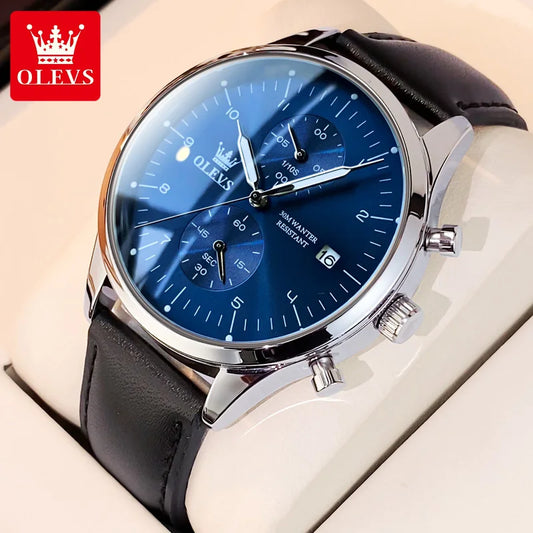 Men’s Chronograph Quartz Watch – Leather Strap, Waterproof, Luminous Dial