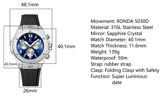 ENITON New 40mm Man watch Luxury Man watch Business Watch men 5030D Quartz Movement Stainless Steel Men's wrist watch